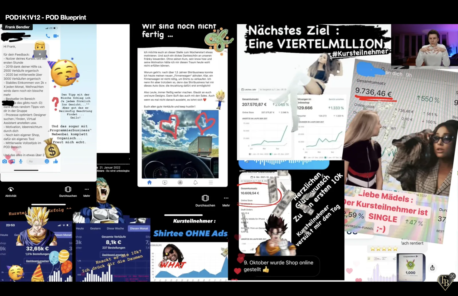 Collage aus echten Kundenfeedbacks: Nachrichten und Shop-Statistiken von Kursteilnehmern mit Umsätzen von 8.100 € bis über 200.000 €