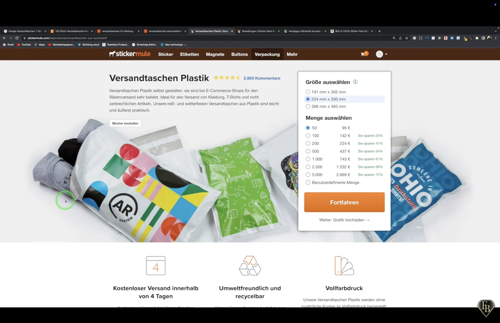 Kurs-Screenshot: individuell bedruckte Versandtaschen konfigurieren
