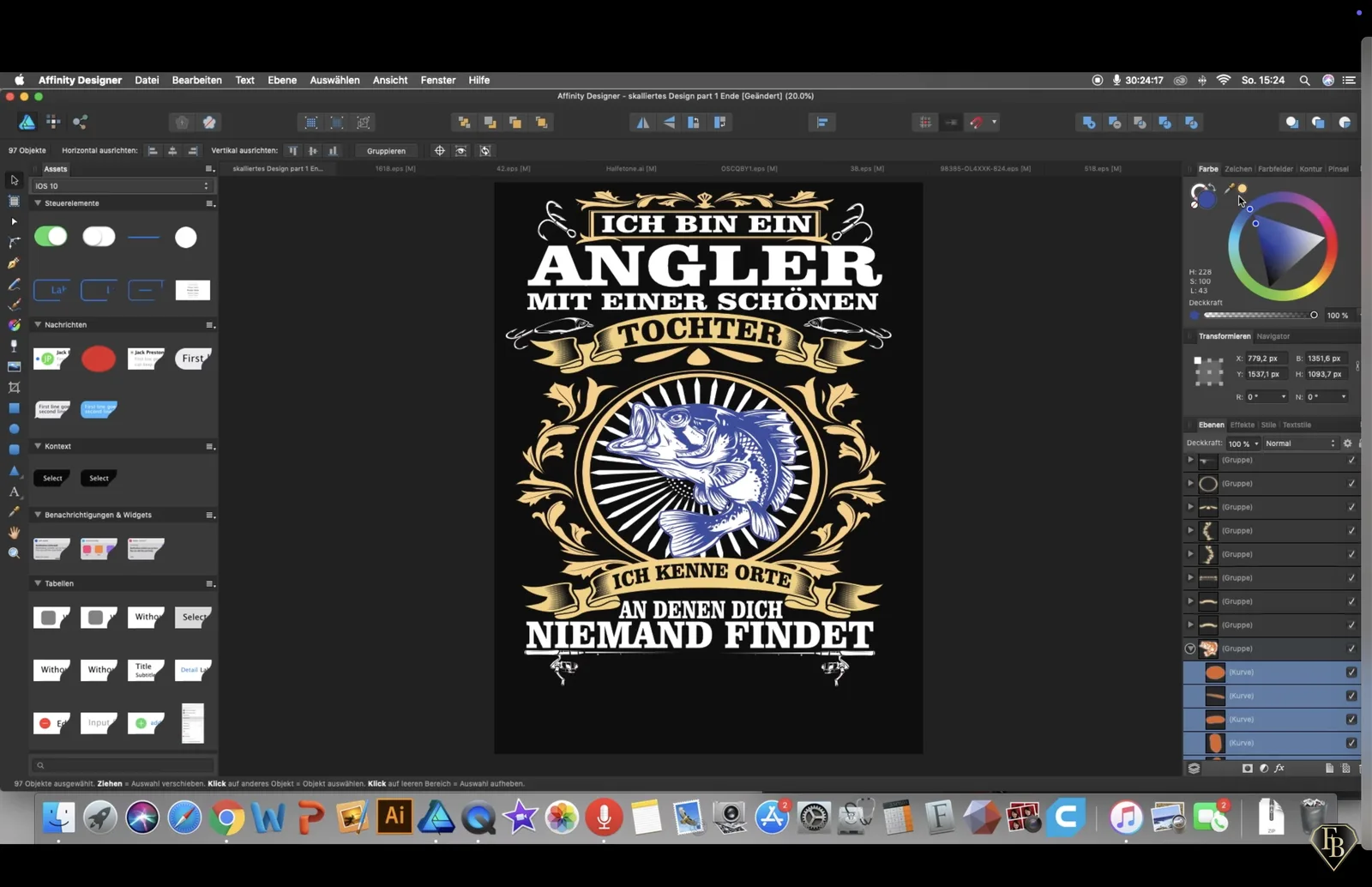 Kurs-Screenshot: Affinity Designer mit einem detailreichen Angler-T-Shirt-Design