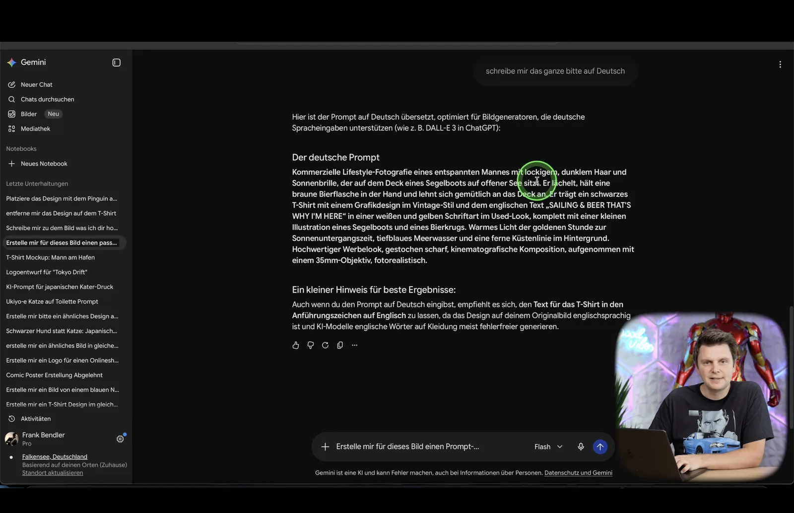 Kurs-Screenshot: Gemini schreibt einen deutschen Bildgenerator-Prompt für ein T-Shirt-Design