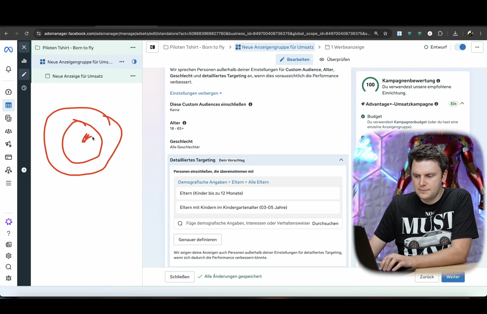 Kurs-Screenshot: Facebook Ads Manager beim Einrichten einer Zielgruppe, daneben Franks Erklärung am Whiteboard