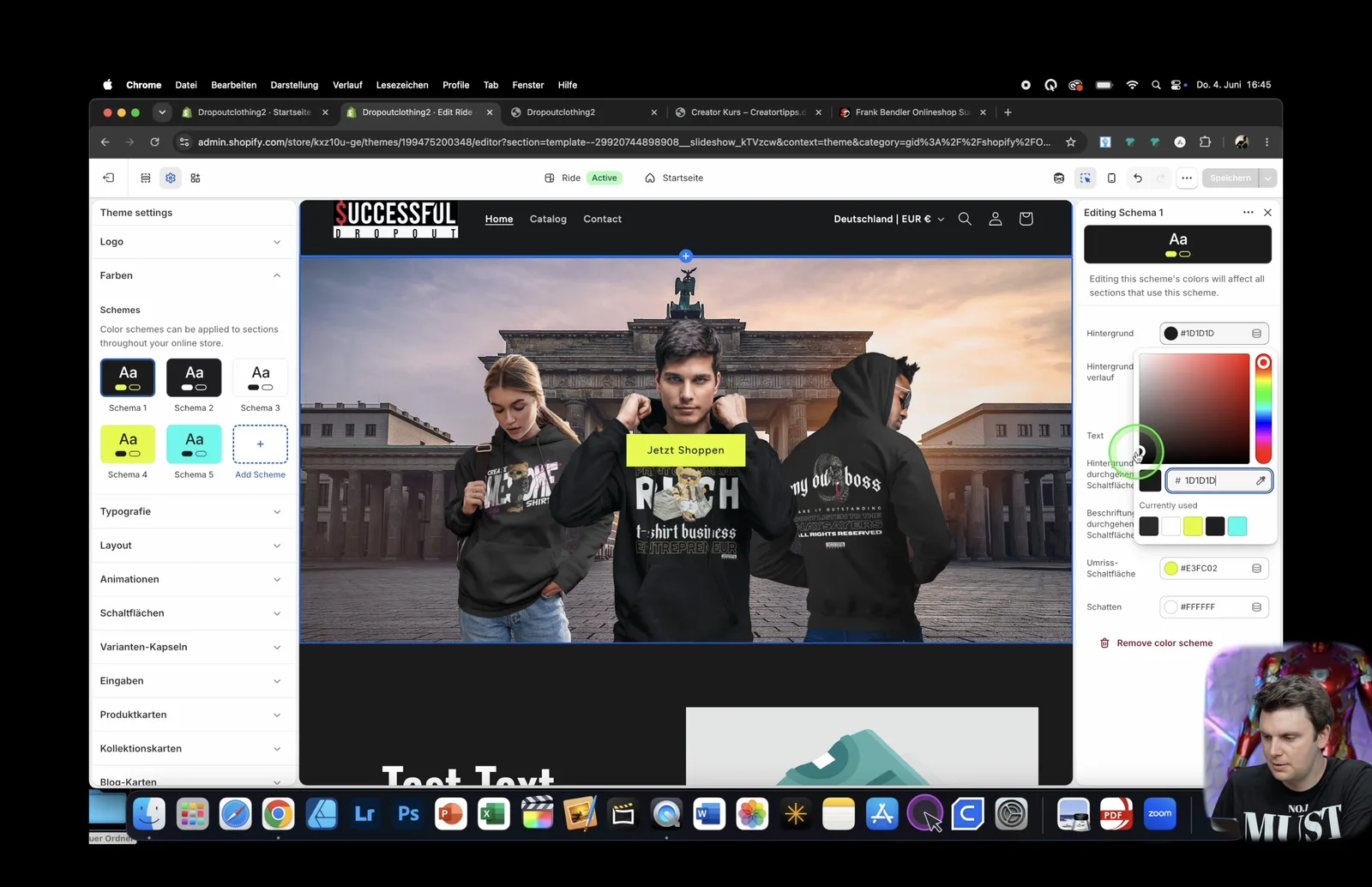 Kurs-Screenshot: Shopify-Theme-Editor mit einem eigenen T-Shirt-Shop